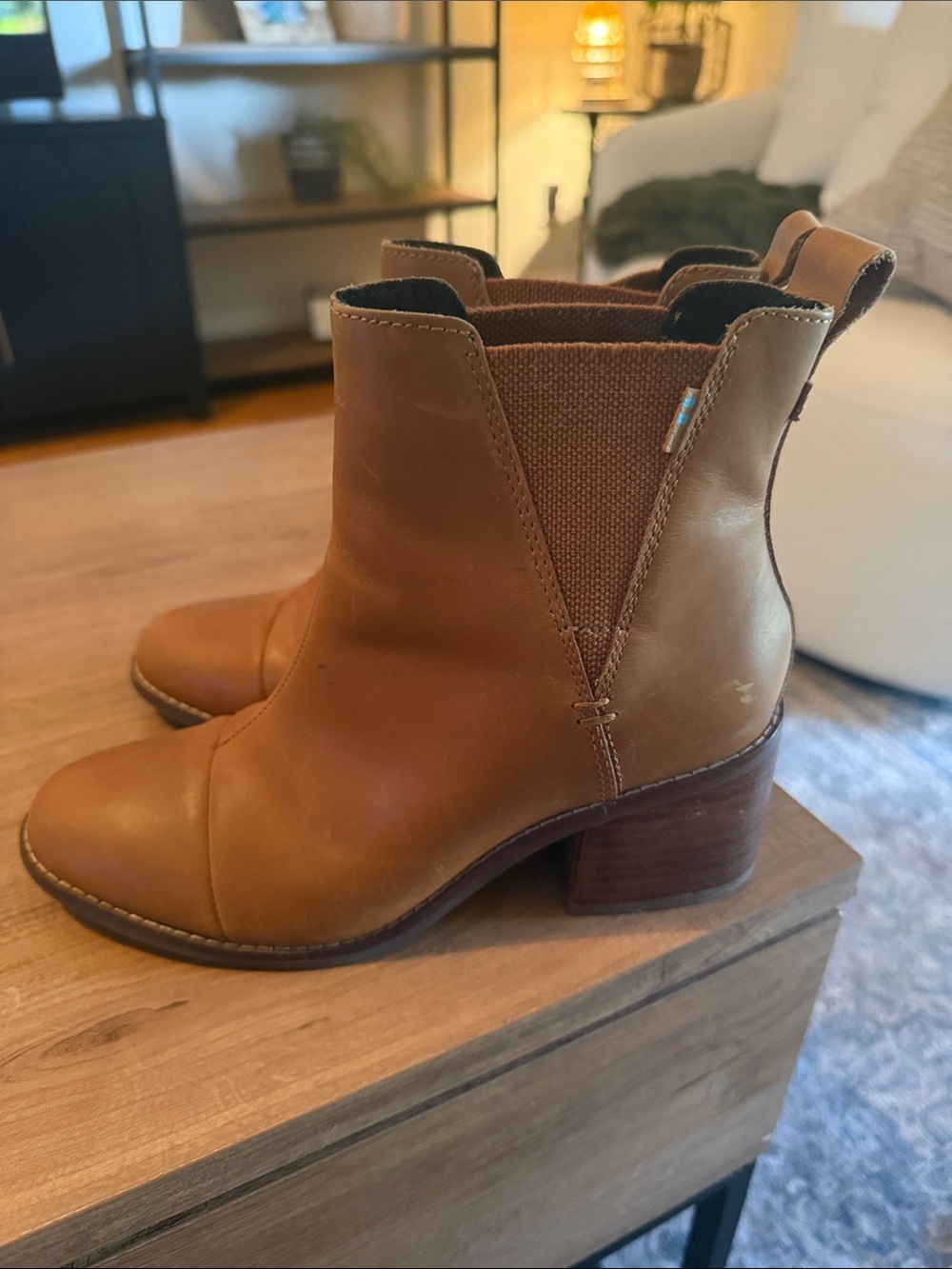 Toms Tan Leather Ankle Booties with Stacked Heel
